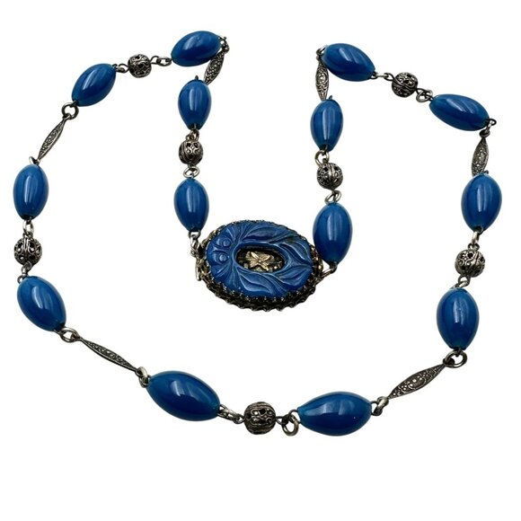 Antique Czech Art Deco Blue Glass Pendant Necklace Sterling Silver Hallmarked - Picture 1 of 5